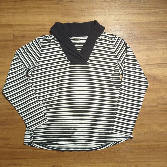 LL Bean Top Sweatshirt Womens Size XL Black White Striped Buttonless Polo Collar - Picture 1 of 7